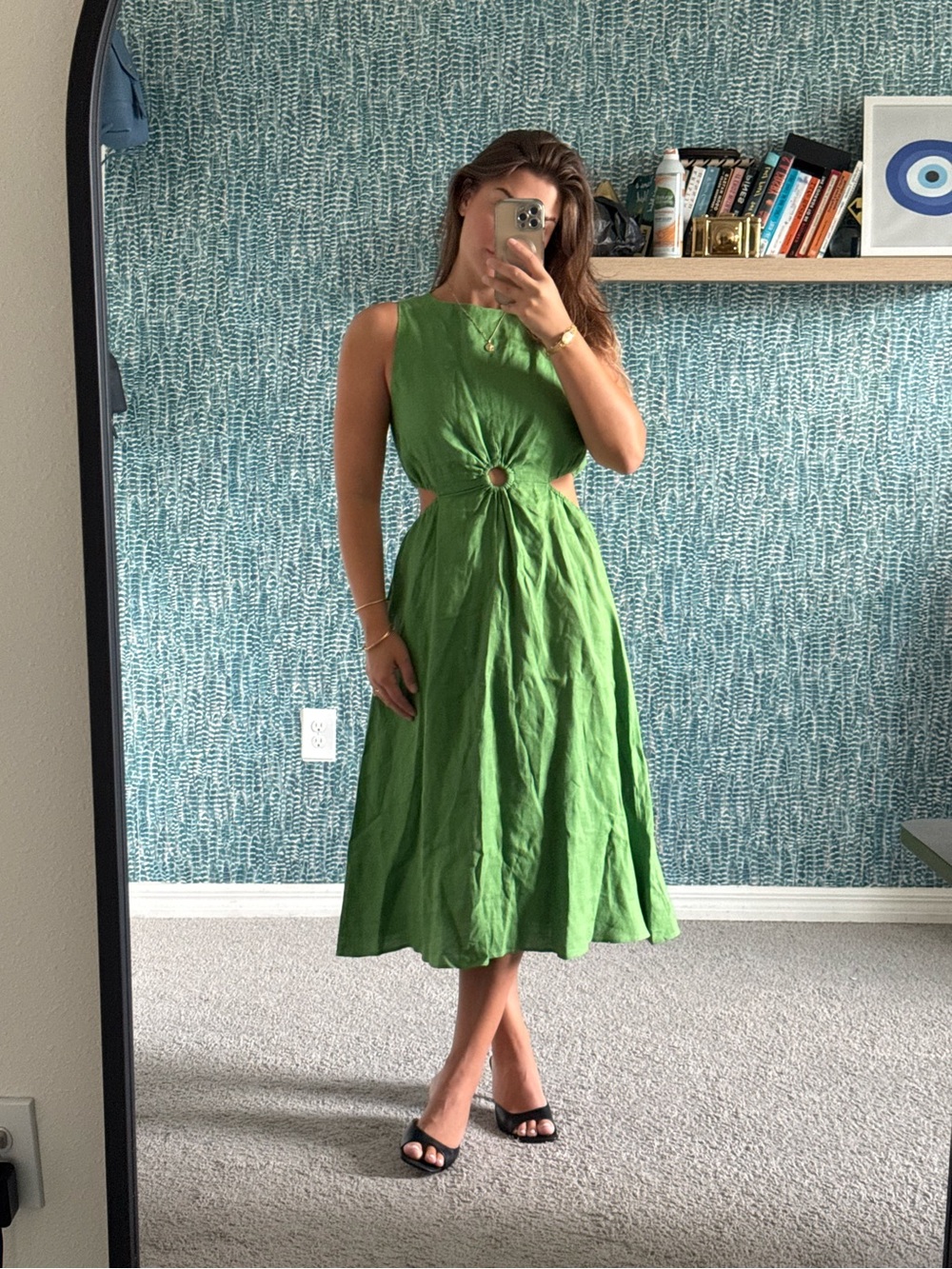 Mango Sleeveless Green Cutout Midi Dress